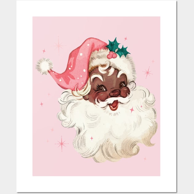 Retro Black Santa Claus Mid Century Modern Cute Pink Santa Wall Art by PUFFYP